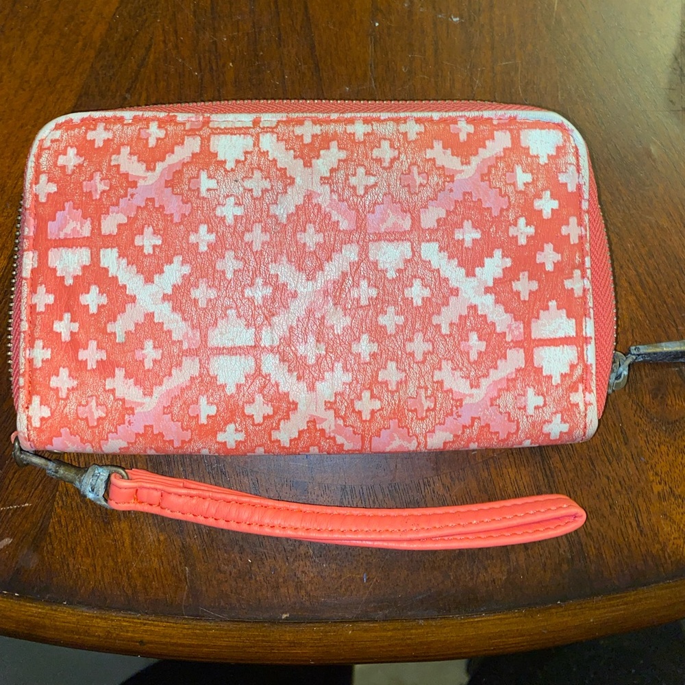 Womens Pink and White Zip Around Wallet With Wrist Strap Multiple Pockets